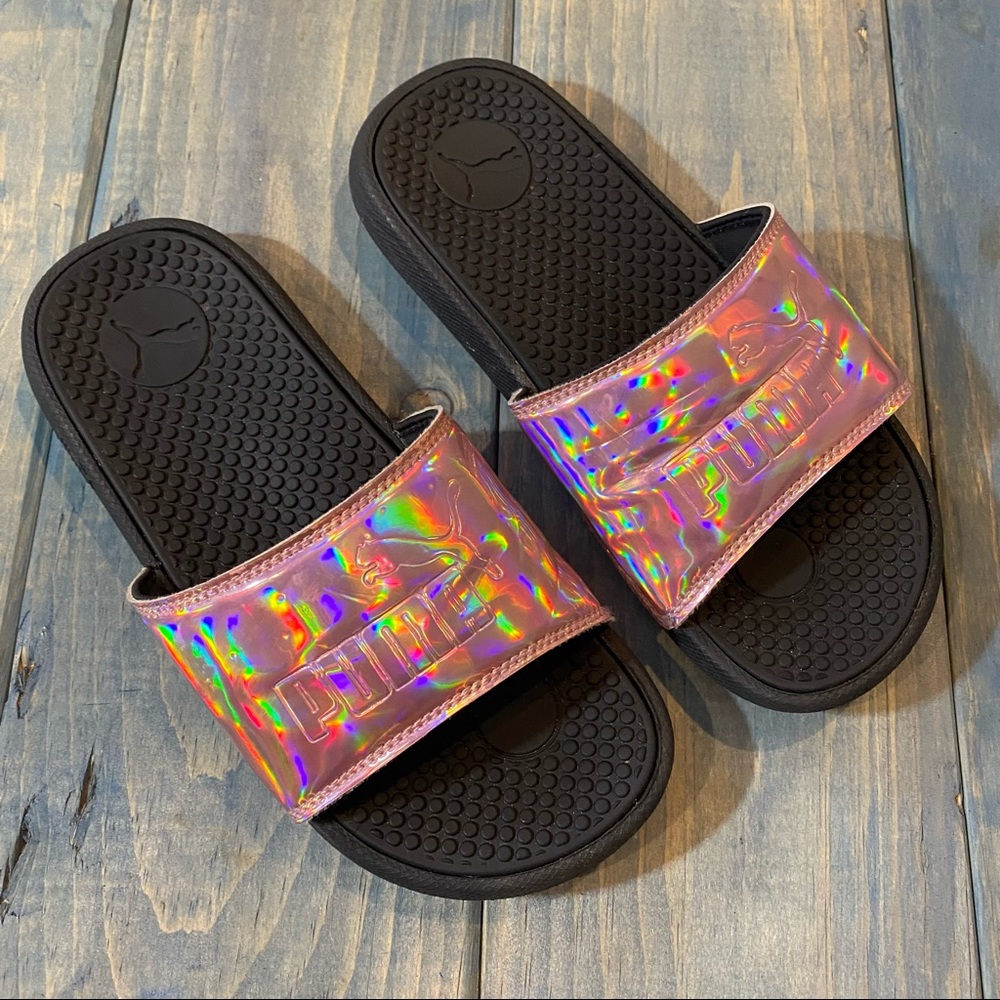 PUMA Pink Metallic Holographic Slip-on Sandals Sz 3